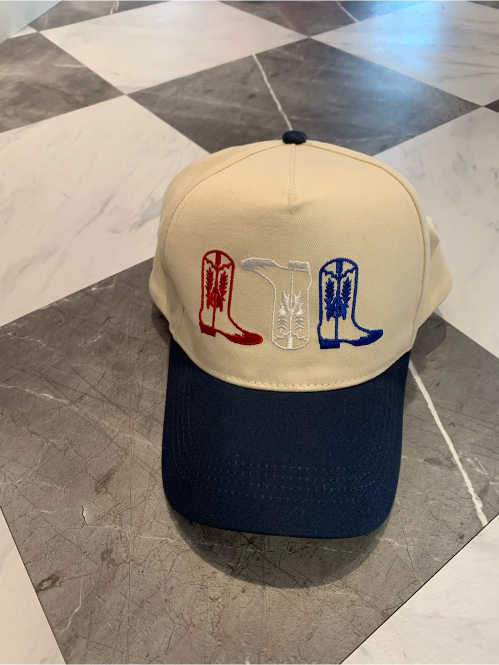 Two-Tone Cream and Navy Cowboy Boot Embroidered Baseball Cap
